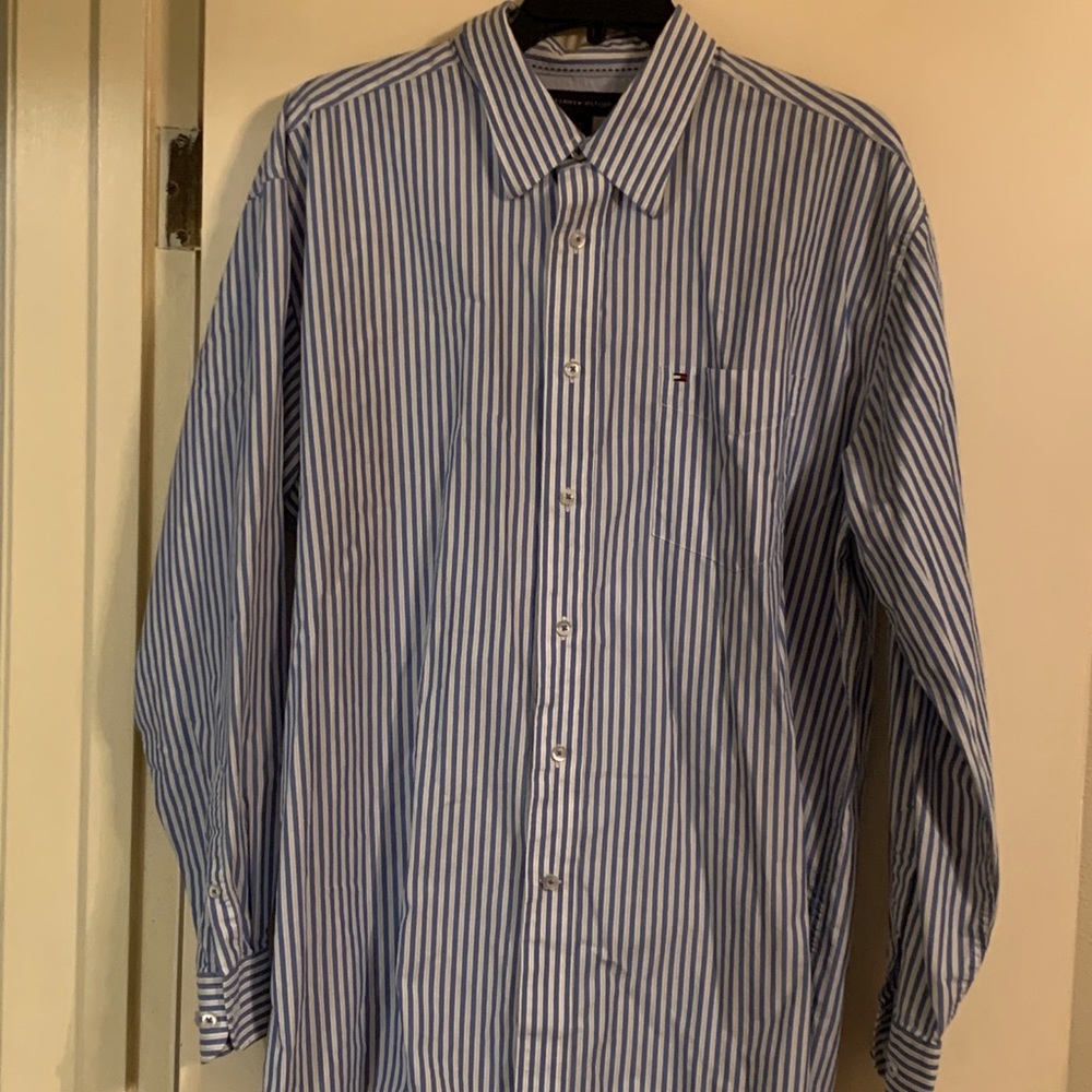 Large Tommy Hilfiger Blue and White striped shirt